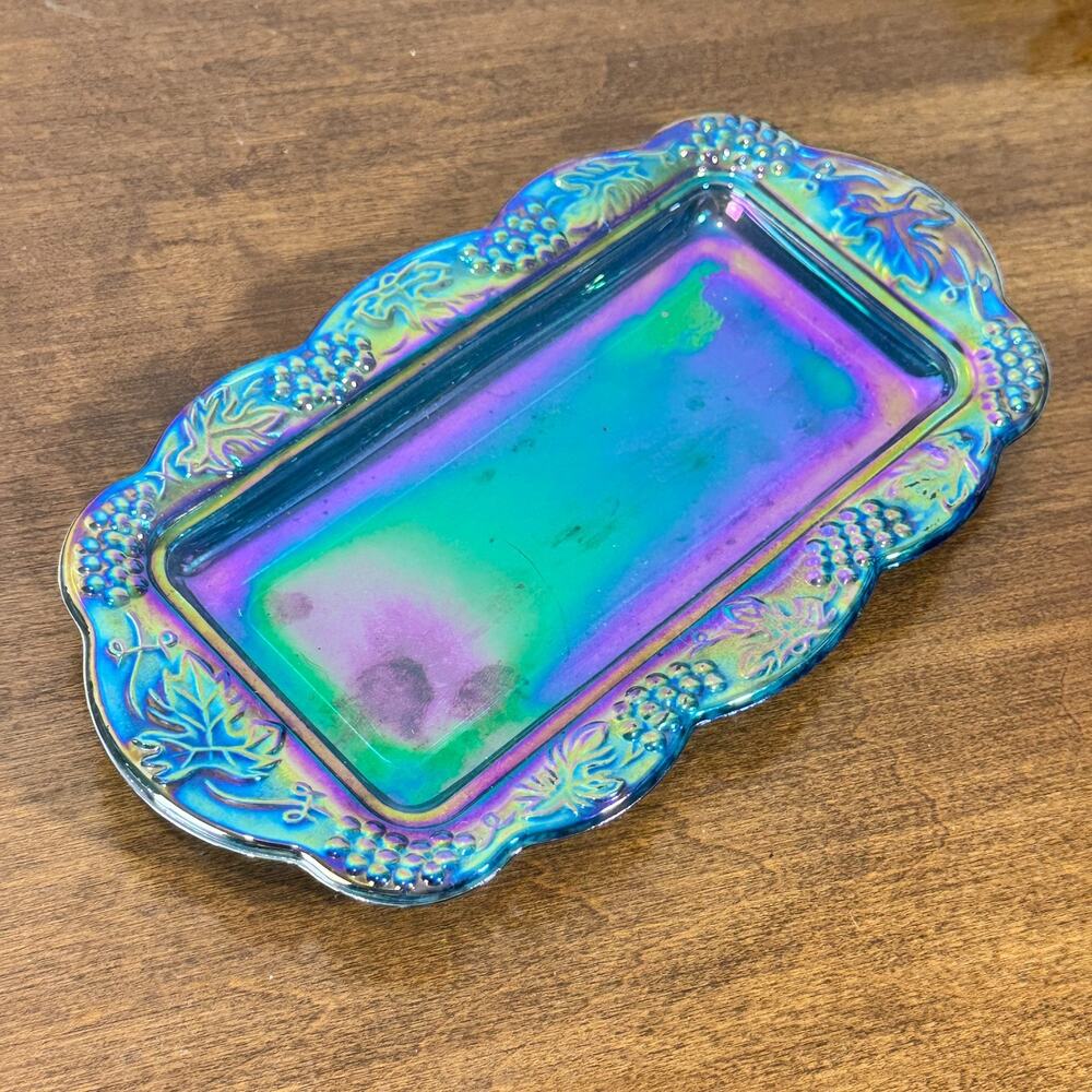 Vintage Indiana Carnival Glass Butter Dish Blue Iridescent Harvest Grape Base
